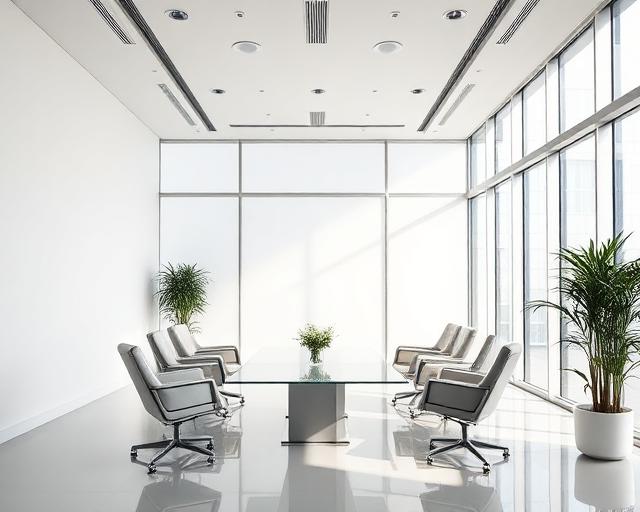 Sala riunioni moderna con grandi finestre e luce naturale